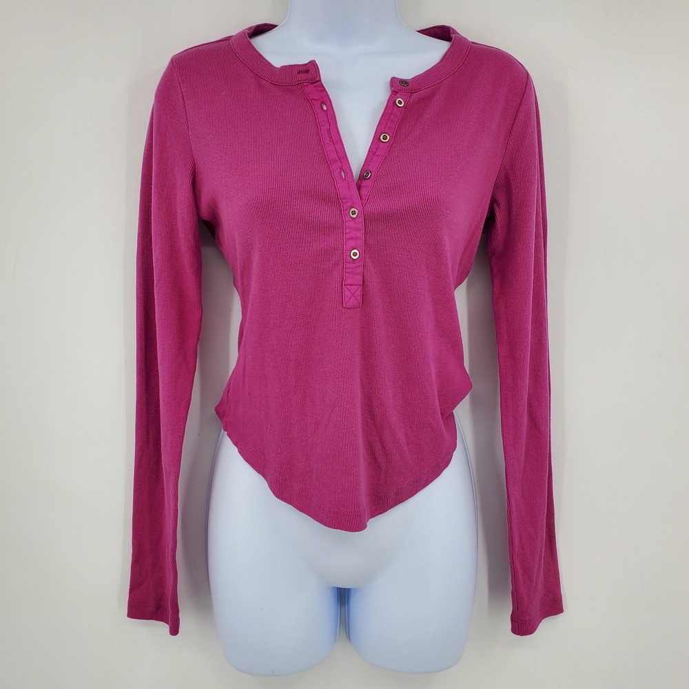 Pilcro Anthropologie Magenta Pink Ribbed Long Sleeve Henley Top XS Tight Fit